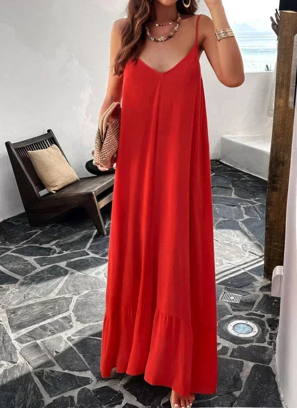 Robe longue rouge femme fluide, col en V, à manches courtes, en viscose légère pour un confort optimal.