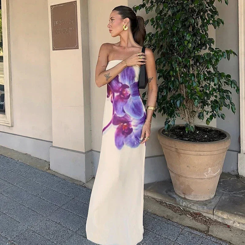 Abito Lungo Donna Stampa Floreale Senza Spalline - Vesarelli