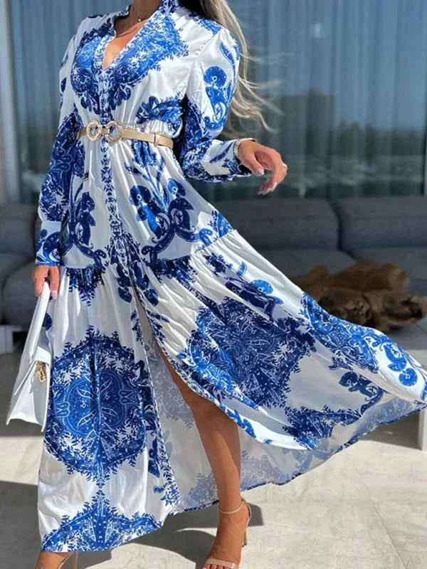 Robe longue femme en tissu léger, imprimée, avec fente haute et col en V pour un look élégant et fluide.