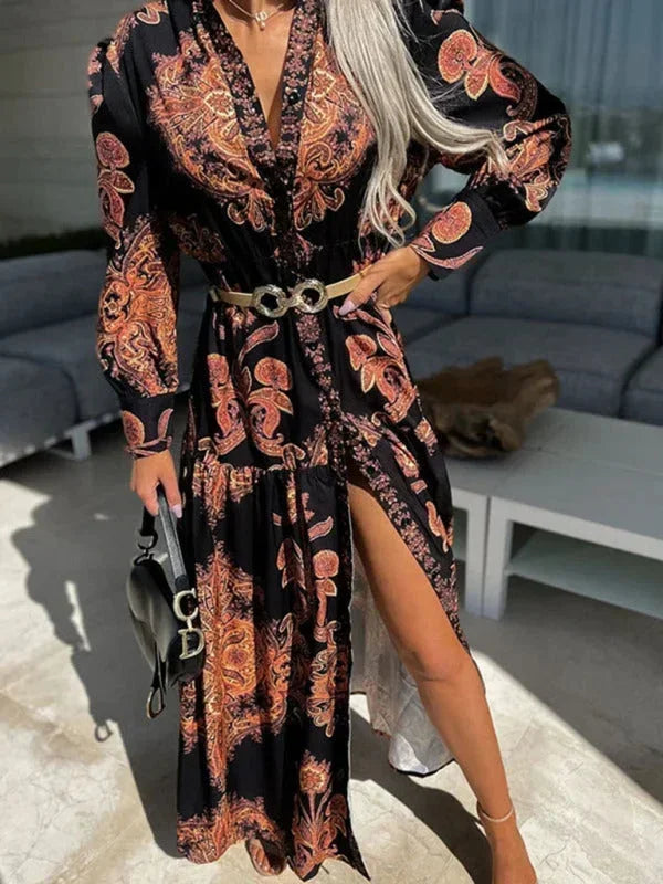 Robe longue femme en coton léger, imprimée, avec fente haute et col V, idéale pour les occasions décontractées.