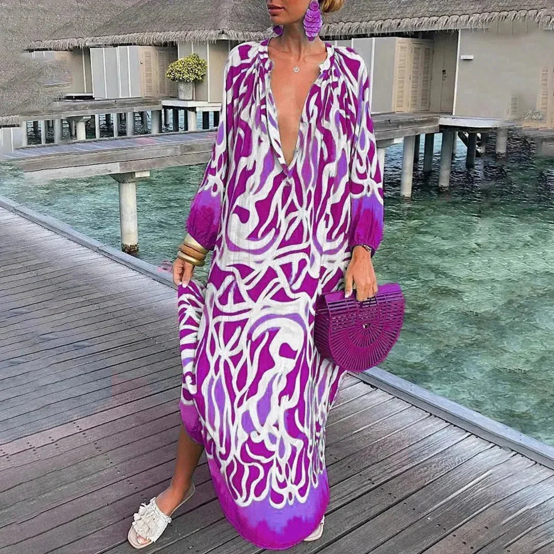 Robe longue femme violette, imprimée, manches longues, col V, en tissu léger et fluide, parfaite pour les occasions…