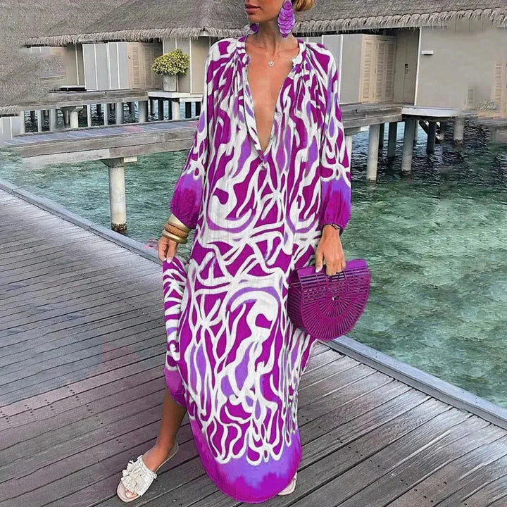 Robe longue femme violette, imprimée, manches longues, col V, en tissu léger et fluide, parfaite pour les occasions…