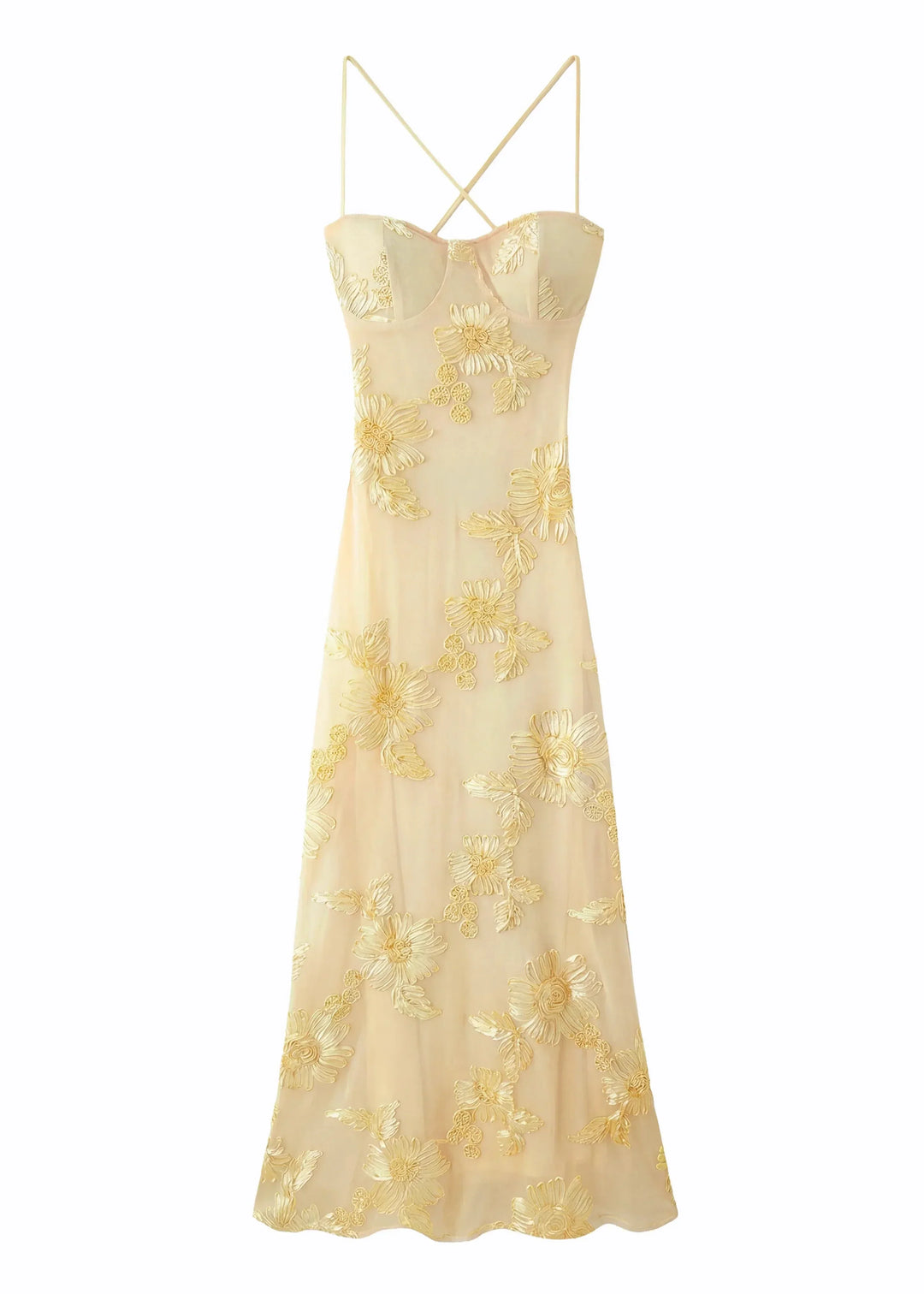 Robe longue jaune pour femme, en coton, avec broderie florale délicate sur le buste et les manches.