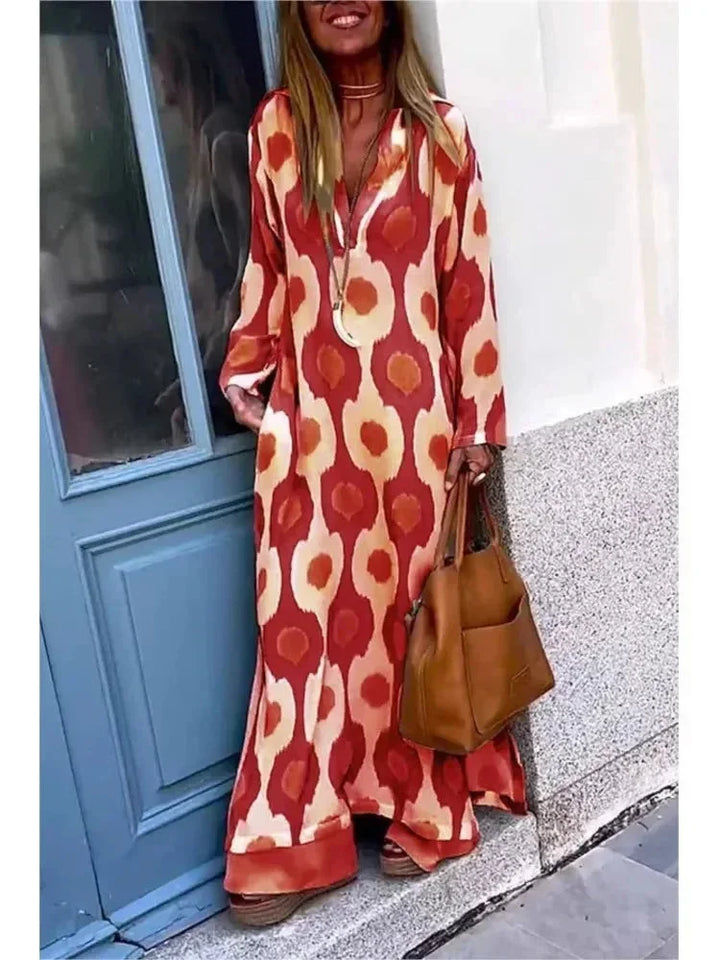 Robe longue pour femme, manches longues, col V, imprimé coloré, en tissu fluide pour un confort optimal.