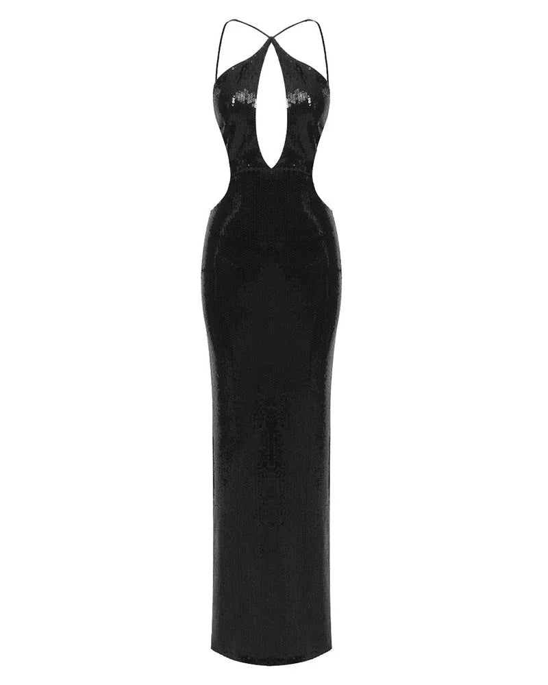 Robe longue femme noire en sequins, tissu scintillant, coupe élégante avec bretelles fines et décolleté subtil.