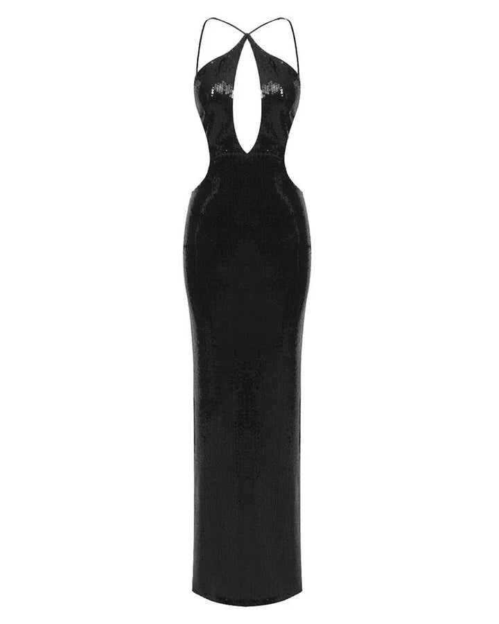 Robe longue femme noire en sequins, tissu scintillant, coupe élégante avec bretelles fines et décolleté subtil.