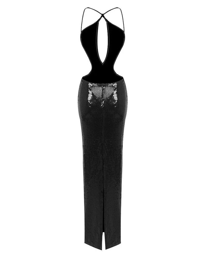 Robe longue noire pour femme, ornée de sequins brillants, avec coupe élégante et détails raffinés.