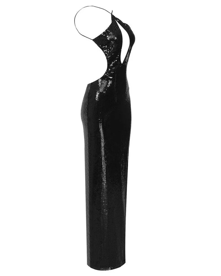 Robe longue femme noire avec sequins scintillants, à manches longues et coupe évasée, parfaite pour les soirées élégantes.