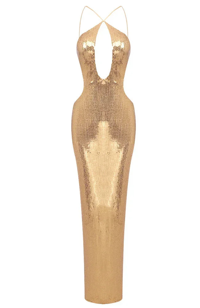 Robe longue noire pour femme en sequins, à manches longues et décolleté en V, idéale pour les soirées élégantes.