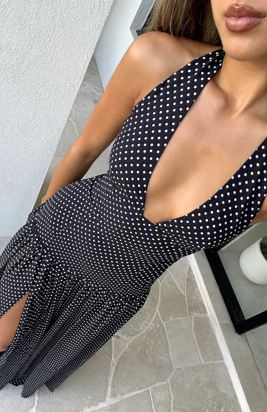 Abito Lungo Donna Pois Scollo Profondo - Vesarelli