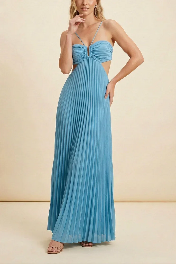 Robe longue femme plissée avec dos nu, en tissu léger, idéale pour les occasions estivales et les soirées décontractées.