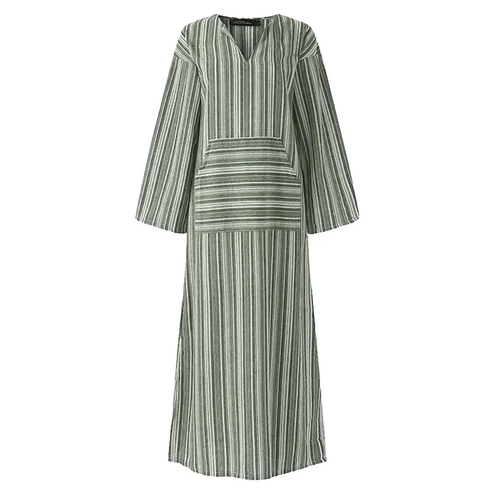 Robe longue femme rayée en coton, col en V, avec poches pratiques sur les côtés, idéale pour un look décontracté.