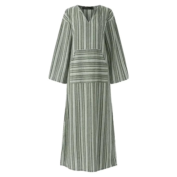 Robe longue femme rayée en coton, col en V, avec poches pratiques sur les côtés, idéale pour un look décontracté.