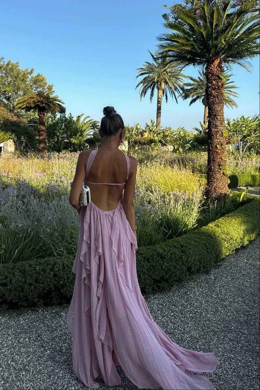 Robe longue femme rose en viscose, avec volants délicats et coupe fluide pour un look élégant et confortable.
