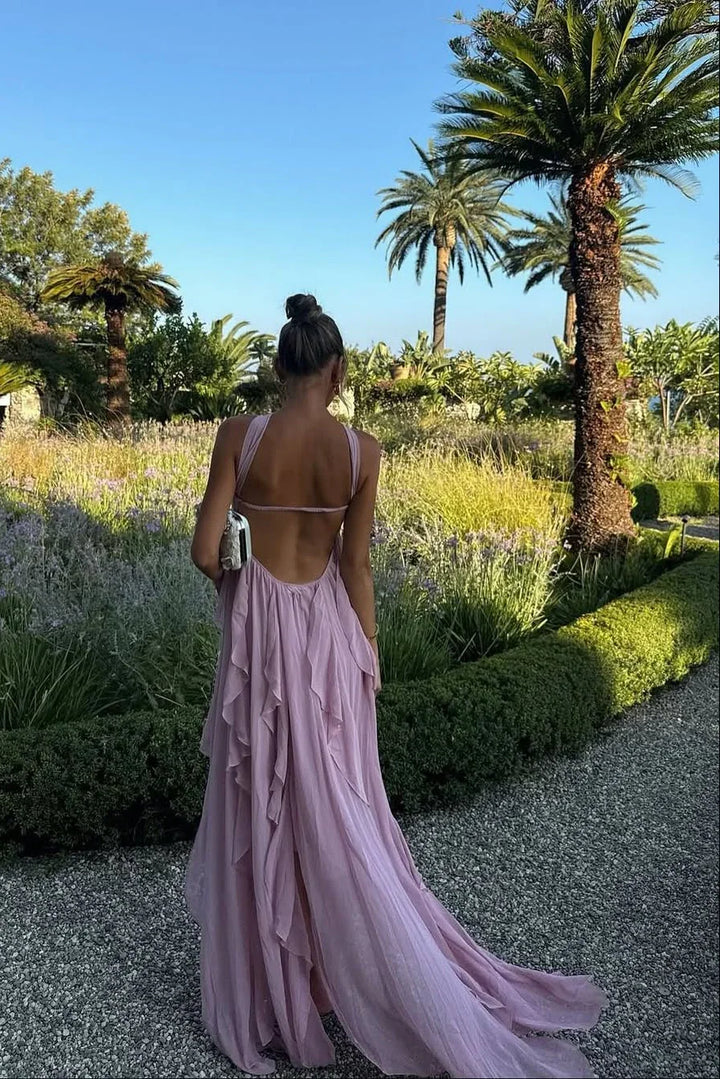 Robe longue femme rose en viscose, avec volants délicats et coupe fluide pour un look élégant et confortable.