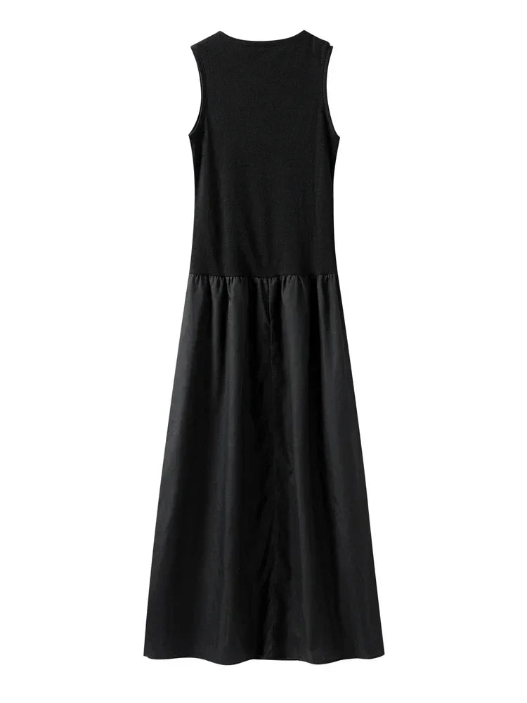 Robe longue femme sans manches en polyester, avec jupe évasée, couleur noir, parfaite pour les occasions estivales.