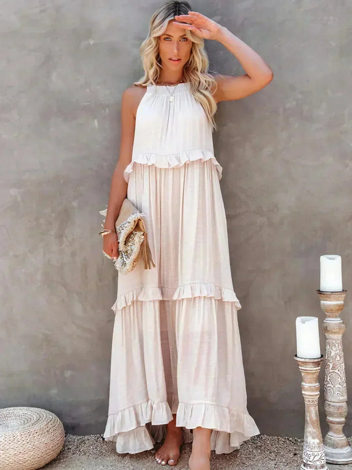 Robe longue femme sans manches, en coton léger, avec volants superposés et silhouette fluide pour un look élégance…