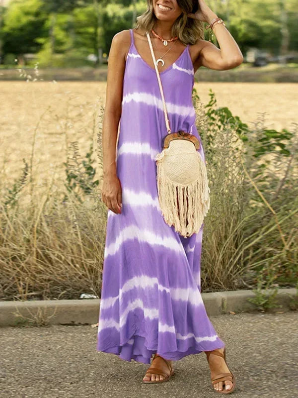 Robe longue femme en coton tie-dye, sans manches, col en V, idéale pour les journées d'été décontractées.