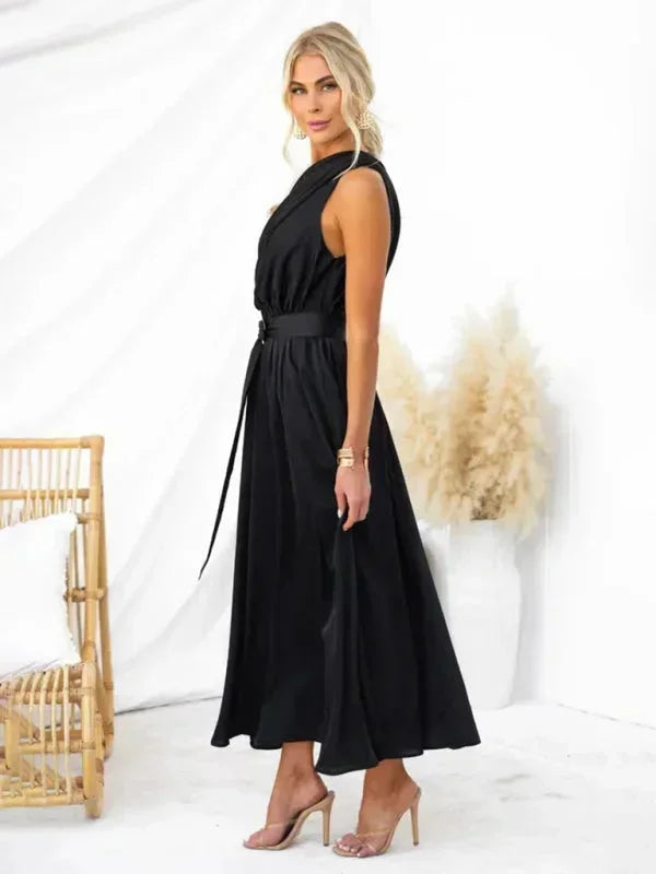 Robe longue femme une épaule en chiffon, avec ceinture ajustable et coupe fluide, parfaite pour les occasions spéciales.