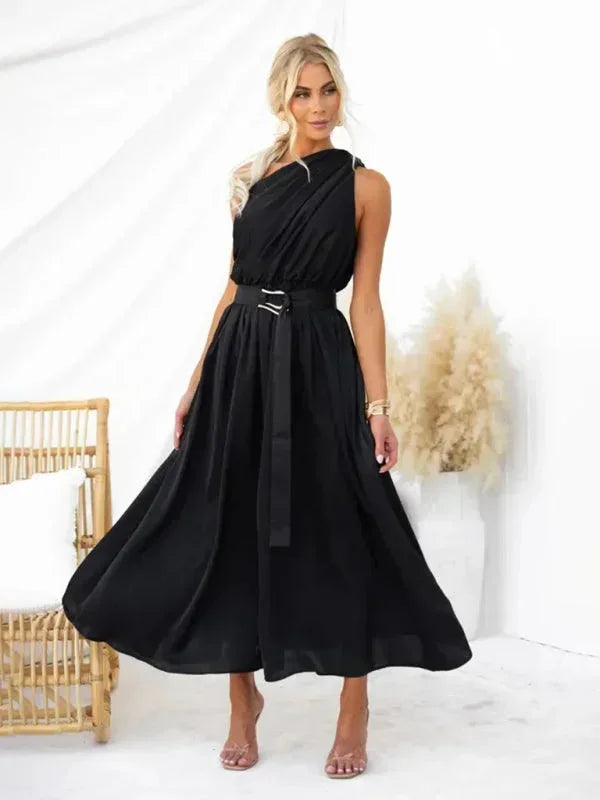 Robe longue femme noire, une épaule, en polyester, ceinture assortie, coupe élégante et fluide pour un style unique.