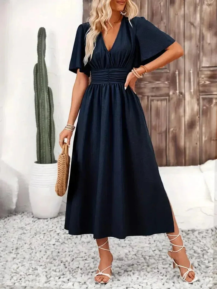 Robe longue femme en tissu léger, volants au col V, ceinture ajustable pour un ajustement parfait, idéale pour les occasions…