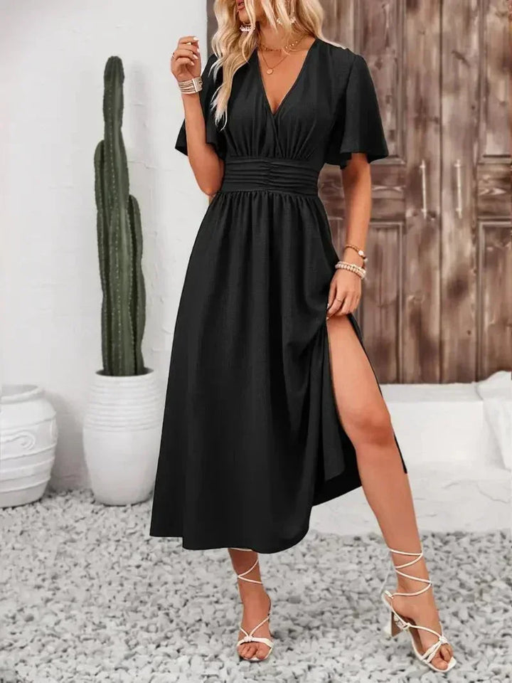 Robe longue femme à volants, col V, en tissu léger avec ceinture ajustable pour un ajustement personnalisé et un style…