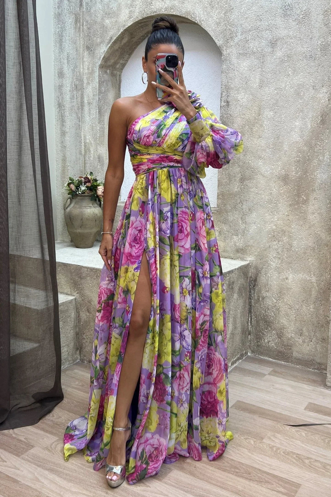 Abito Lungo Donna Monospalla Floreale Spacco Elegante - Vesarelli