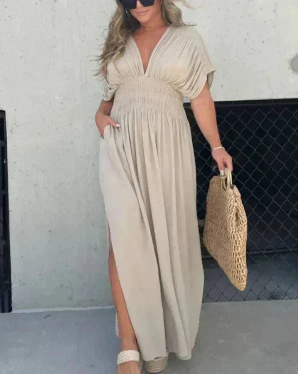 Robe longue fluide femme en Pierre, col en V, manches courtes, tissu léger et confortable, idéal pour les journées d'été.