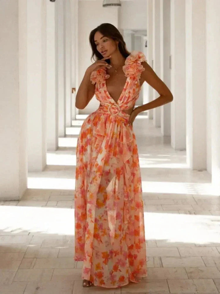 Robe longue rose en polyester, portefeuille, volants sur les épaules, encolure en V, détails floraux, idéale pour l'été.