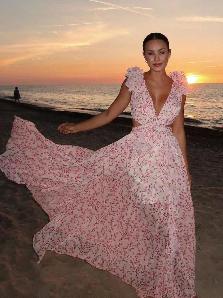 Abito Lungo Donna Fantasia Floreale Scollo a V Portafoglio - Vesarelli