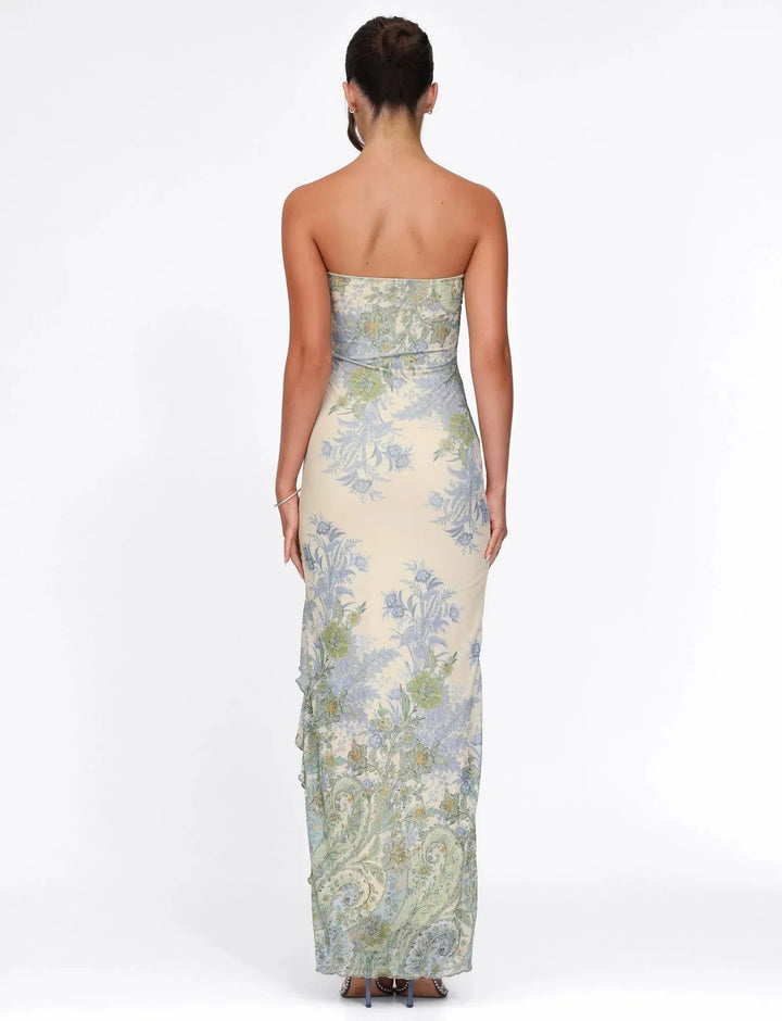 Robe longue sans bretelles en coton avec motif floral et fente élégante, idéale pour les journées d'été.