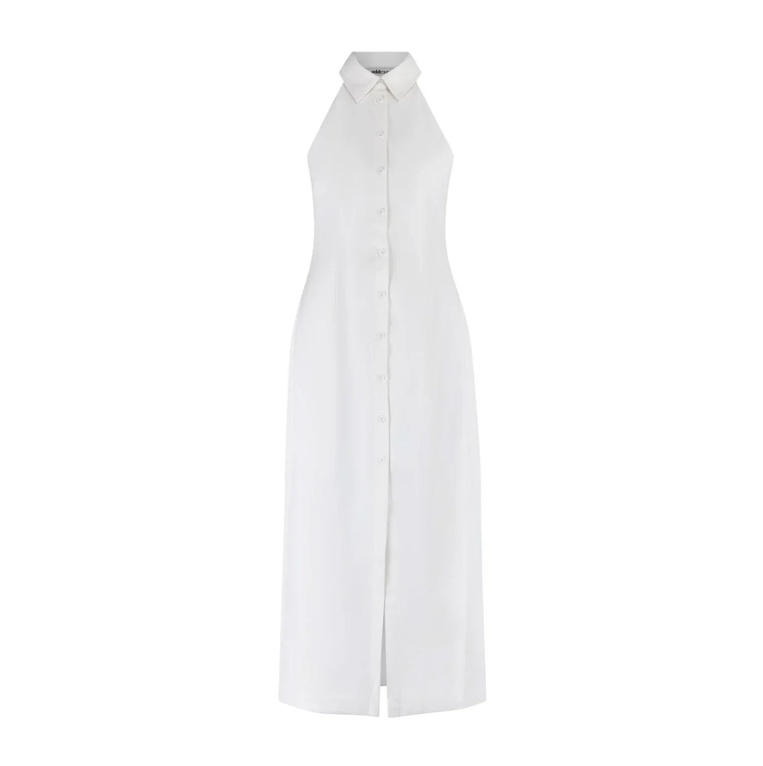 Robe longue sans manches en tissu léger, col en V, idéale pour les journées ensoleillées ou les soirées décontractées.