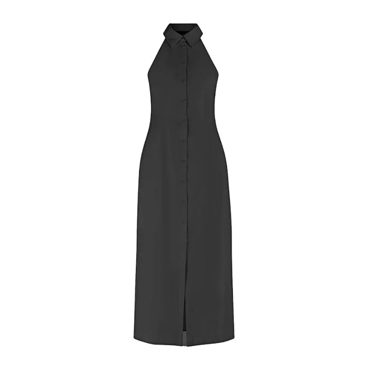 Robe longue sans manches en tissu léger, col en V et coupe fluide, idéale pour les journées d'été.