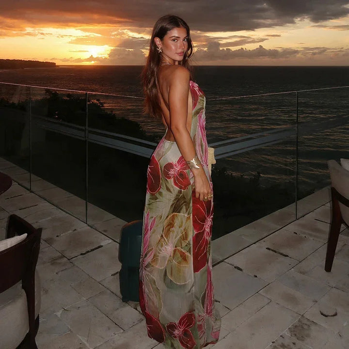 Robe longue sans manches à fleurs multicolores, fente élégante, col en V, idéale pour les journées d'été.