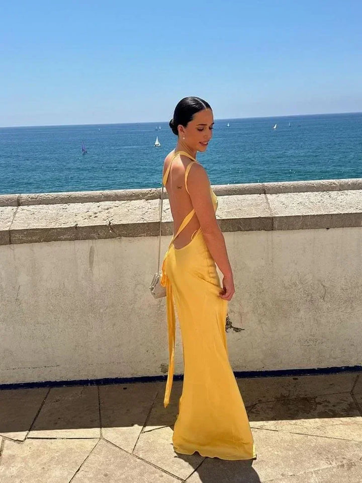 Robe longue en satin avec bretelles fines et dos ouvert, idéale pour une tenue élégante.