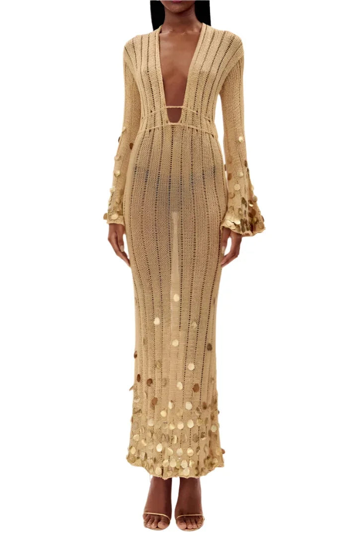 Abito Lungo Donna con Paillettes Manica Lunga - Vesarelli