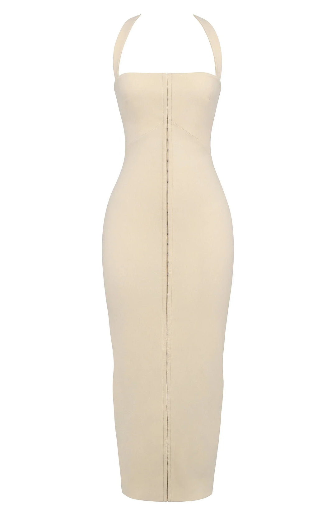 Robe longue ajustée sans manches en tissu léger, avec une fermeture zippée au dos pour un enfilage facile et un style moderne.