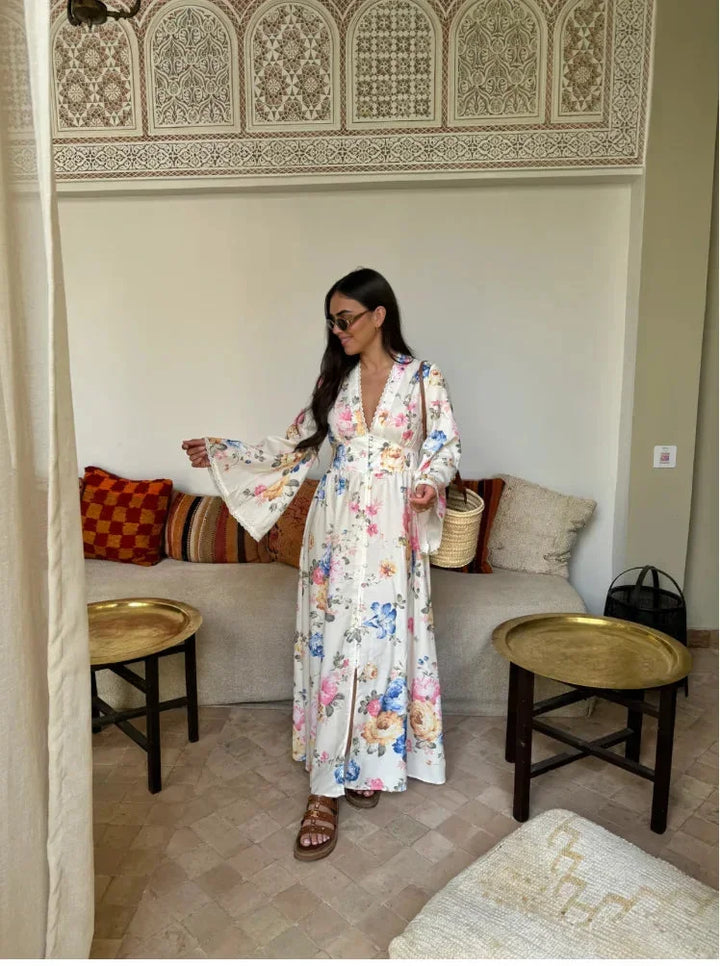 Abito Lungo Donna Stile Boho Maniche Lunghe Fantasia Floreale - Vesarelli
