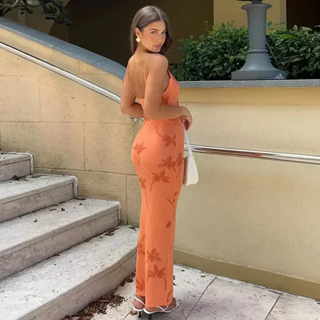 Abito Lungo Donna Stampa Floreale Schiena Scoperta Slim - Vesarelli