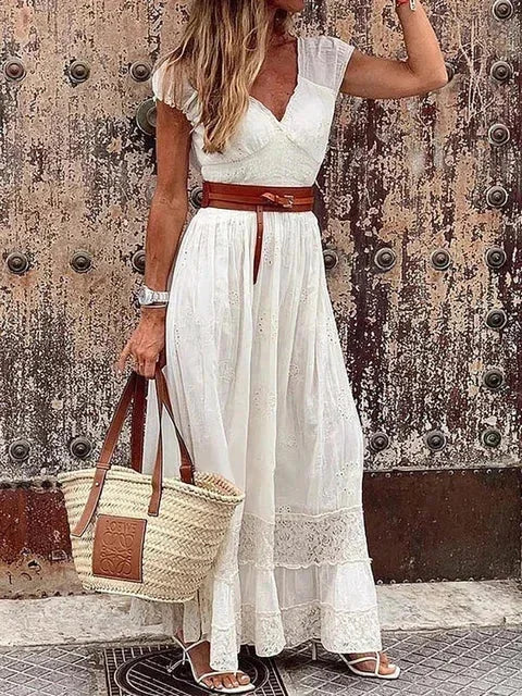 Abito Lungo Donna in Pizzo Ajouré con Cintura - Vesarelli