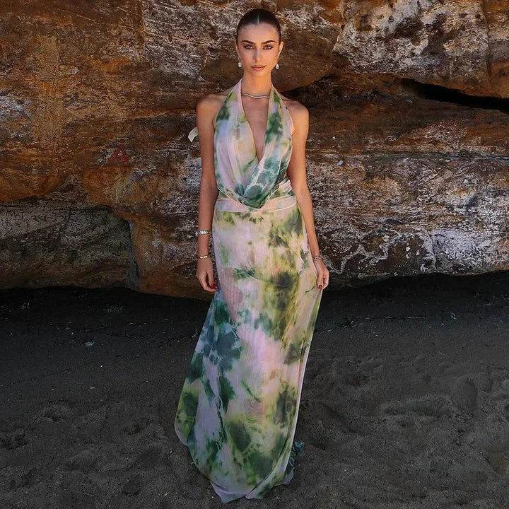 Abito Lungo Donna Tessuto Tie-Dye Schiena Scoperta - Vesarelli