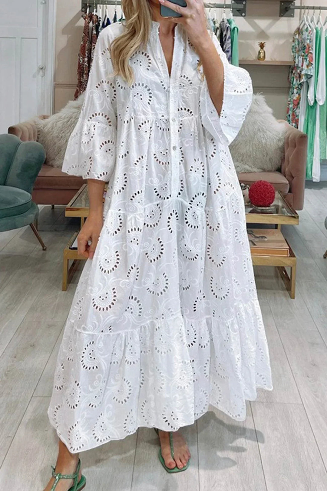 Abito Lungo Donna Ajouré Manica Corta Scollo a V - Vesarelli