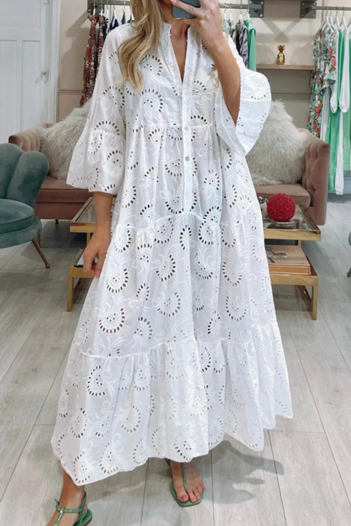 Abito Lungo Donna Ajouré Manica Corta Scollo a V - Vesarelli