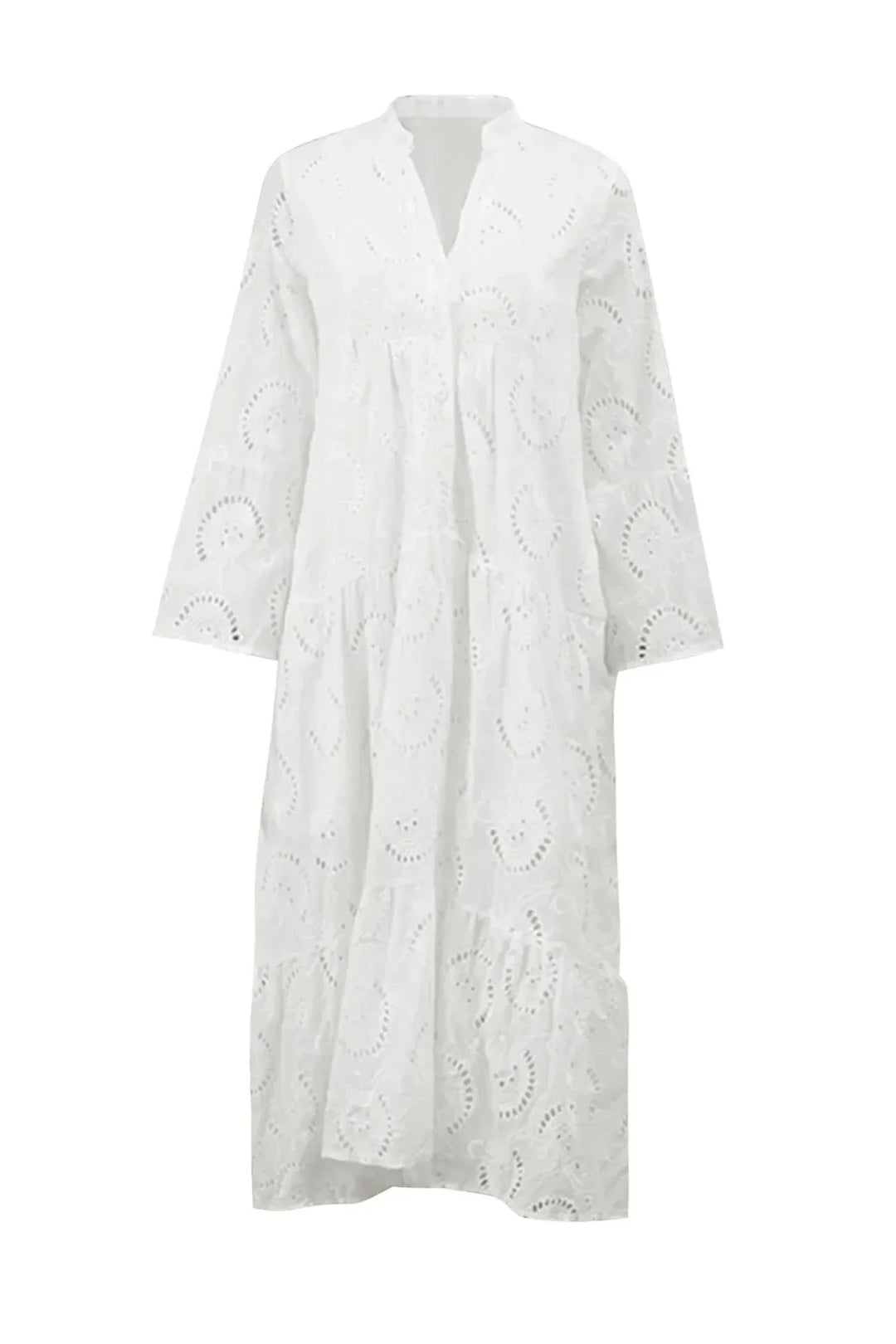 Robe longue en dentelle ajourée, légère, manches 3/4 et col en V, idéale pour les journées d'été.