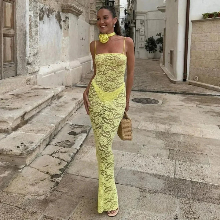 Abito Lungo Donna in Pizzo con Finiture Sottili - Vesarelli