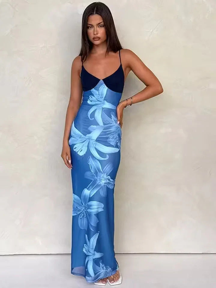 Abito Lungo Donna Stampa Floreale Bretelle Sottili - Vesarelli