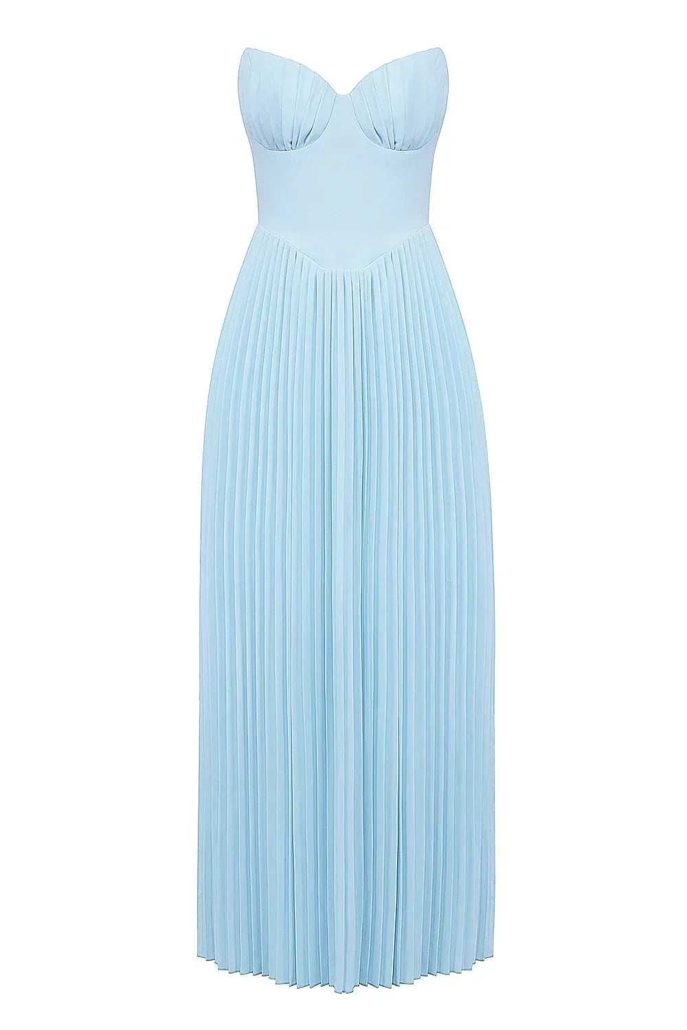 Robe maxi bleue sans bretelles en tissu plissé, parfaite pour des occasions décontractées ou estivales.
