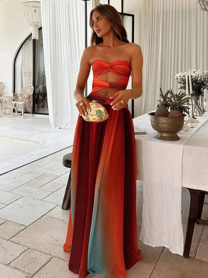 Abito Maxi Donna Fluido con Bandeau Arricciato e Taglio in Vita - Vesarelli