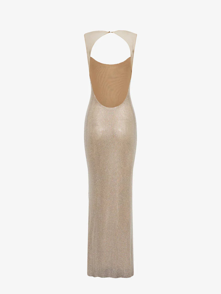 Robe maxi femme dos nu ornée de sequins, en tissu léger et fluide, idéale pour les soirées estivales.