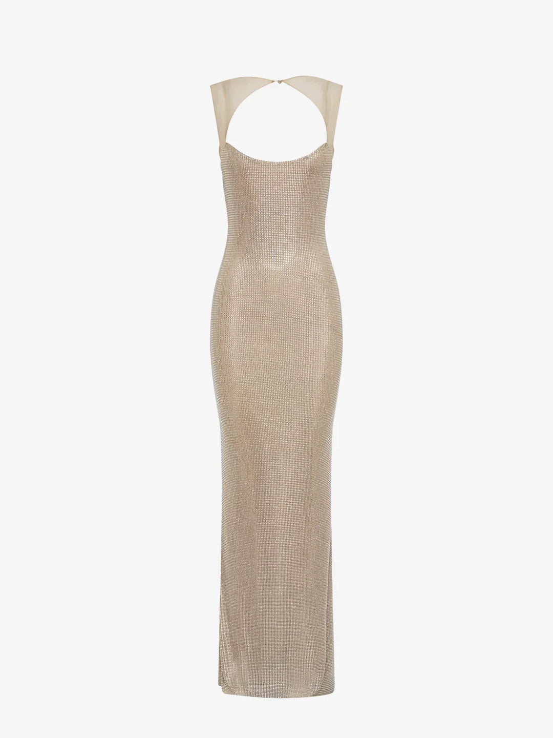 Robe maxi femme en tissu argenté, dos nu avec sequins brillants, parfaite pour une occasion spéciale.